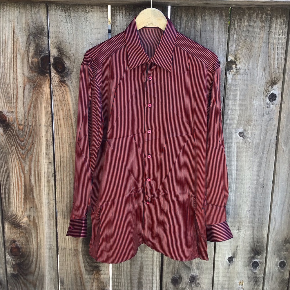 Gianni Viera silk button up t shirt mens large red black striped made in Italy
